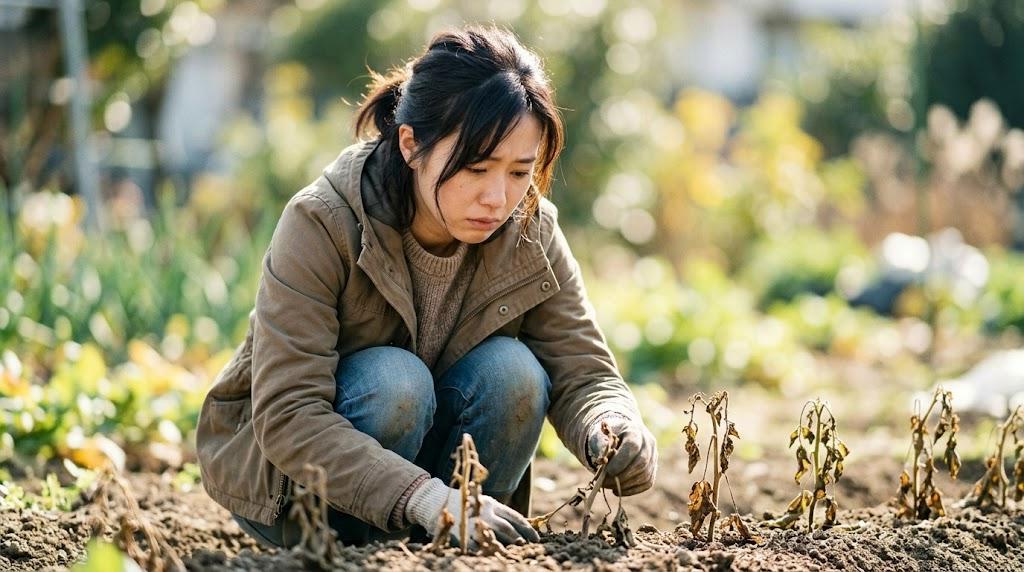 夏のキャベツに発生しやすい害虫と健全な株を観察する管理風景