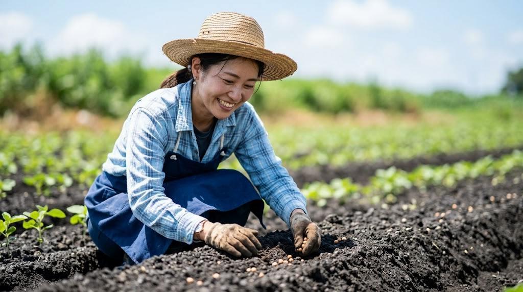 本葉が4枚ほどに育った水菜を間引いている手と残した株