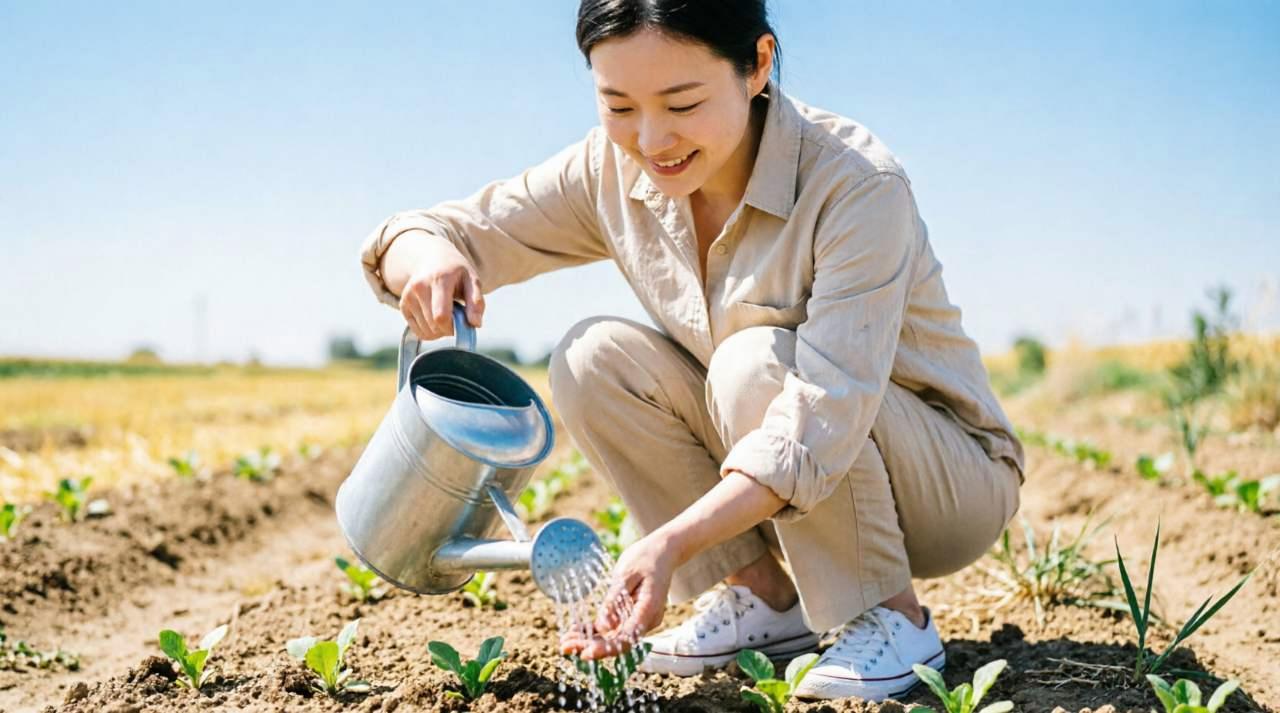 育苗ハウス内で播種トレイと温度計を確認しながら作業する様子
