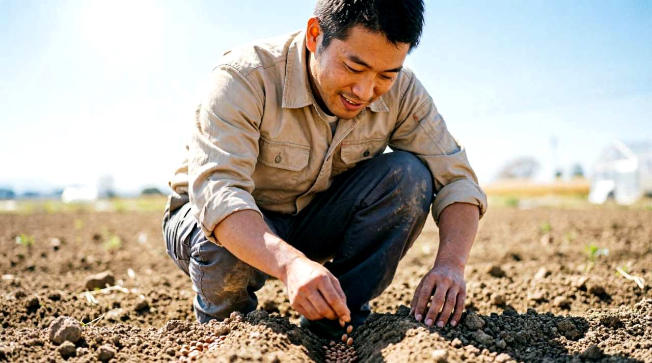 苗を植え付ける直前に防虫ネットを張り始める作業の様子