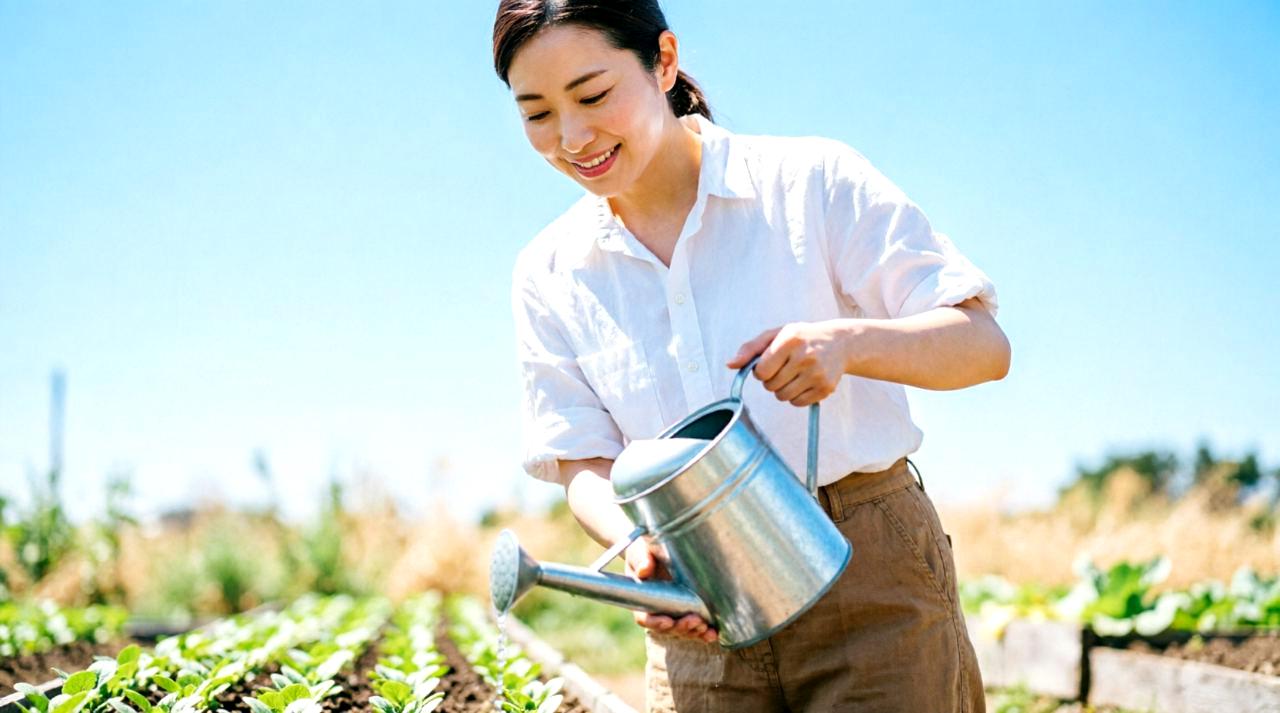 秋の家庭菜園でソラマメの茎を確認し、剪定タイミングを見計らう様子