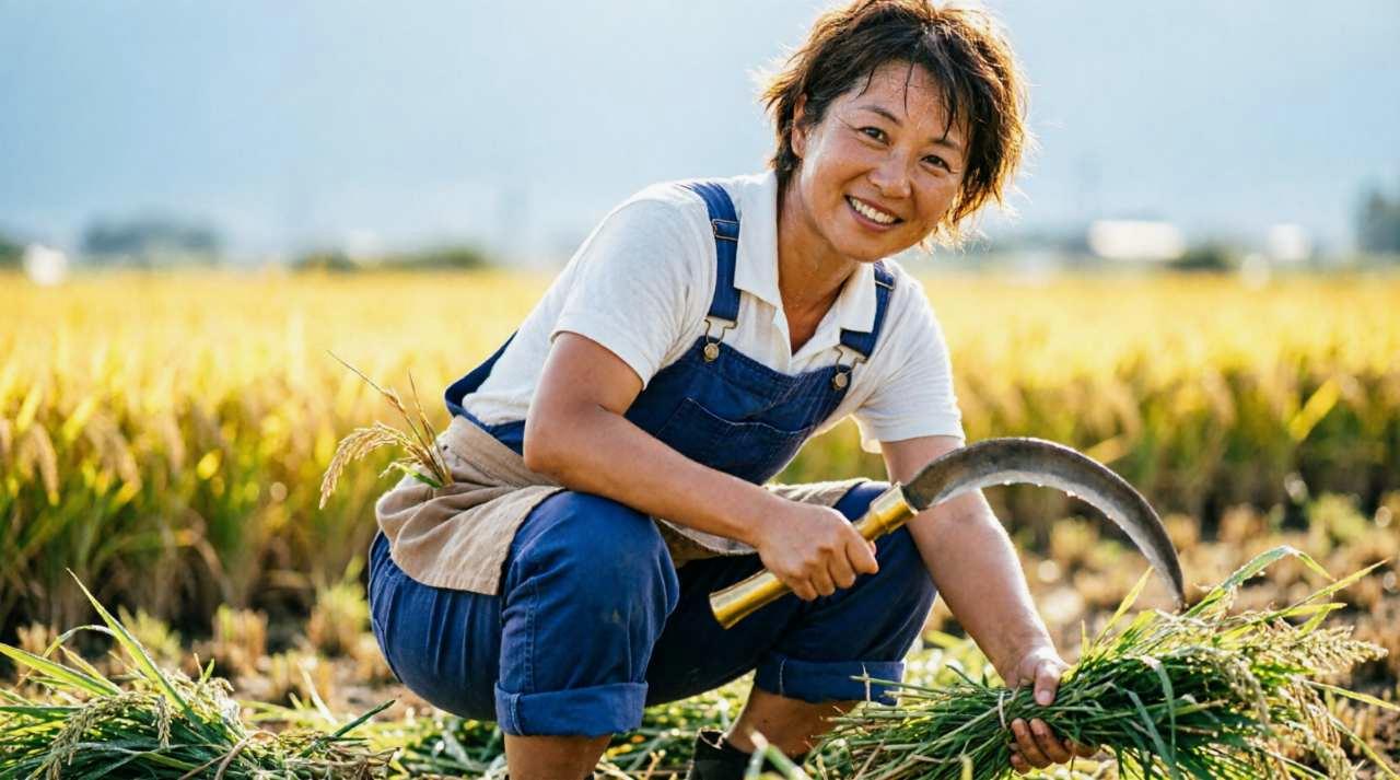 防草シートを活用してきれいに整った家庭菜園で微笑む様子