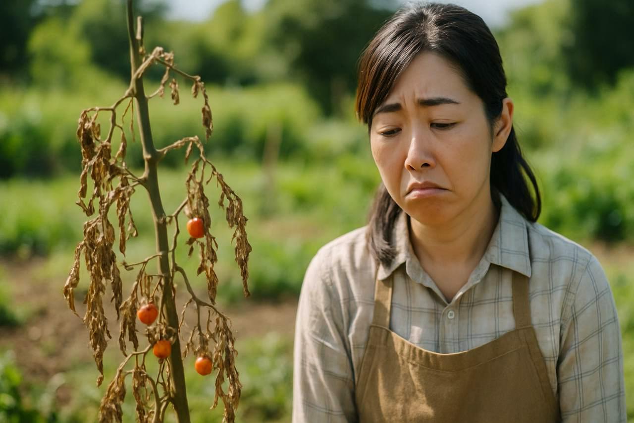 夏野菜の葉を確認する病害虫対策の場面