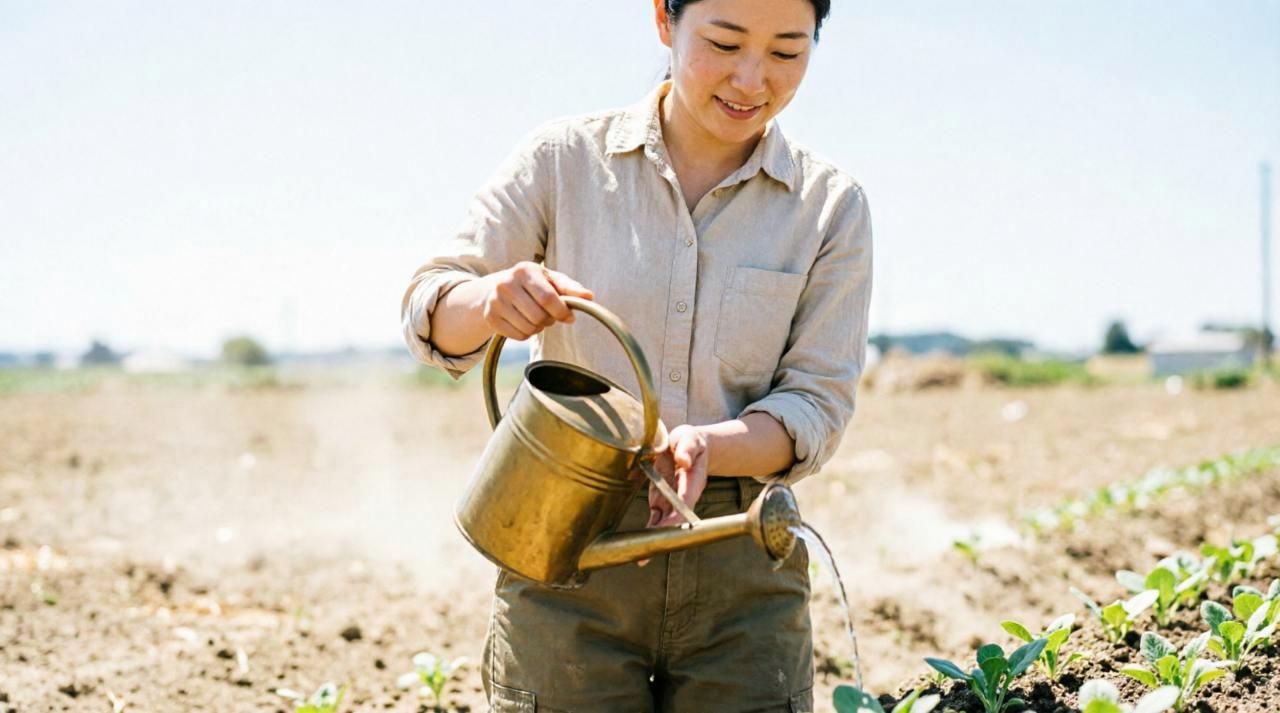 乾いた根鉢の枝豆苗を植え付け前に確認している場面