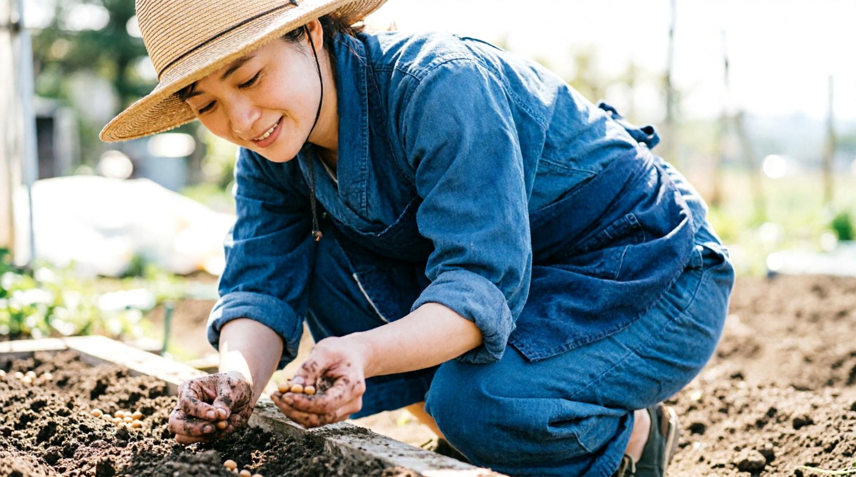 白菜の周囲の土を軽く踏み固めて安定させる作業