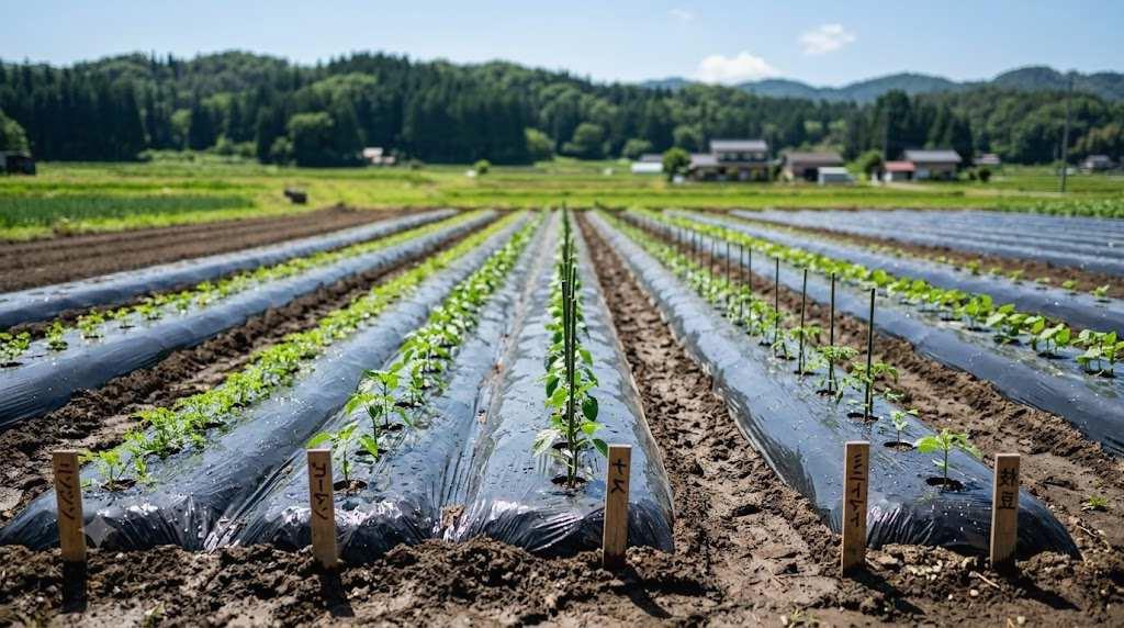 黒マルチを張った畝の様子。根域の水分保持を示すイメージ