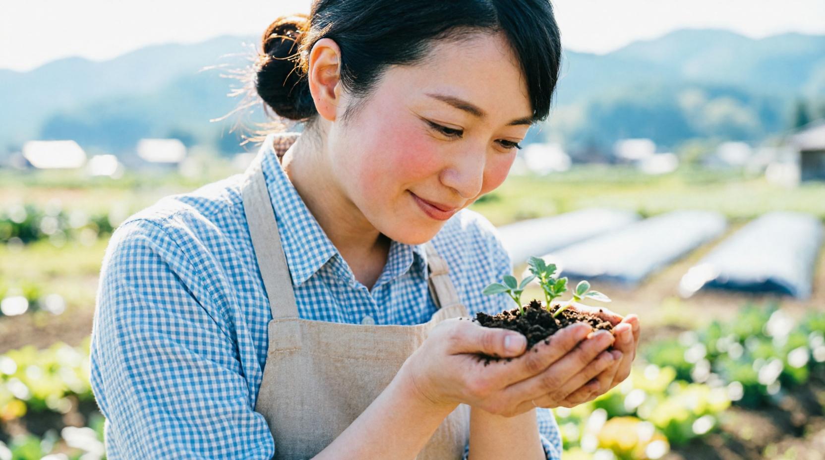 黒マルチを敷いた畑で育つカボチャの株
