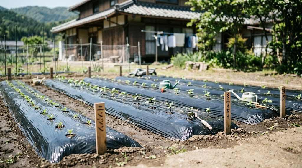 黒マルチを敷いた畑で育つラディッシュの栽培風景