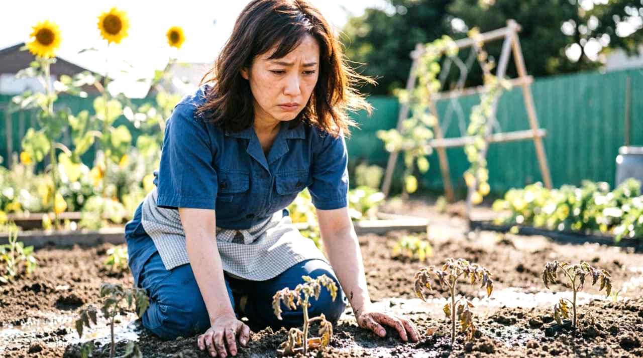 雪が残る青森の畑で、早春の害虫トラブルが発生している様子を写した写真