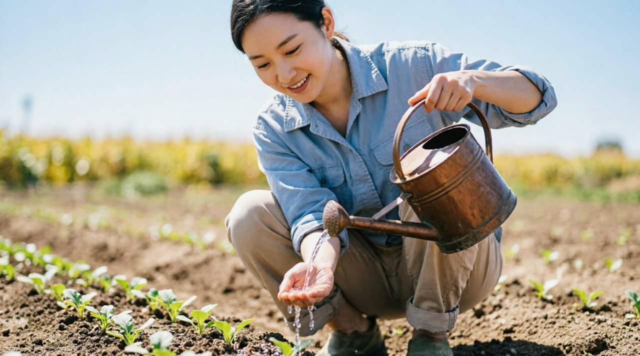 発芽したサヤエンドウの小さな芽が土から出ている様子
