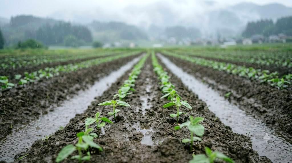 雨上がりの畑で泥が付着した春菊の葉と株元の様子
