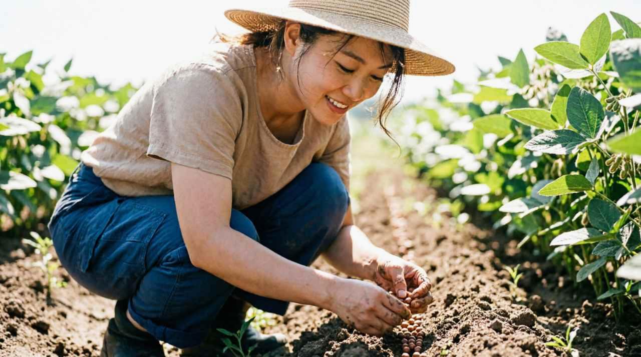 春の畑で日本カボチャの種をまく様子