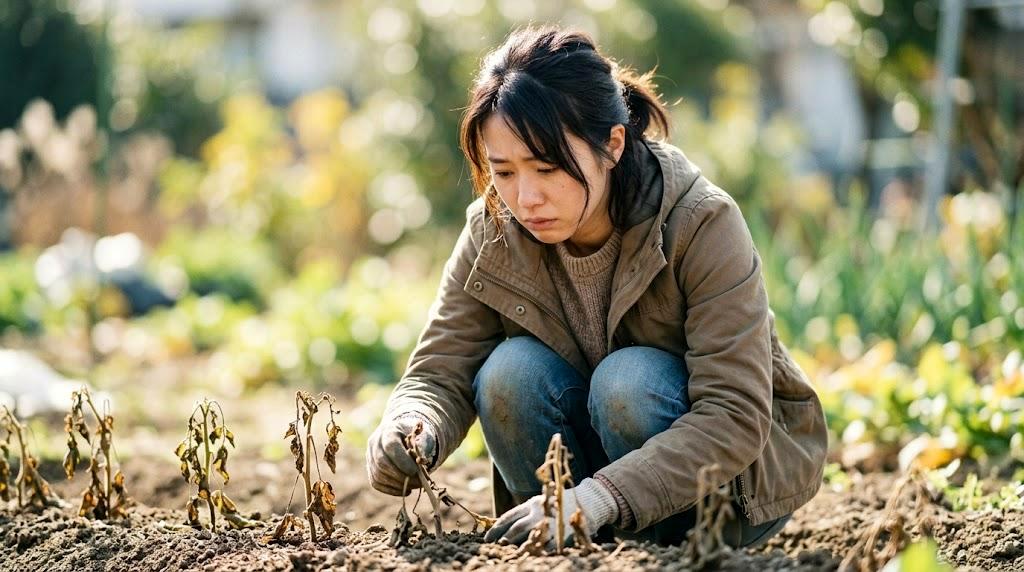 ズッキーニの葉に現れる病気の症状を確認する様子