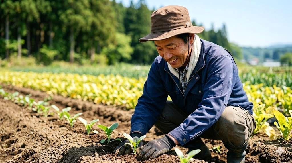 地温の上昇を考慮して春菊の種まきを行う家庭菜園の様子