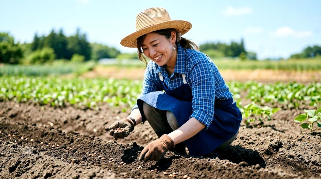 畝に水を与えながらレタスの生育環境を整えている様子