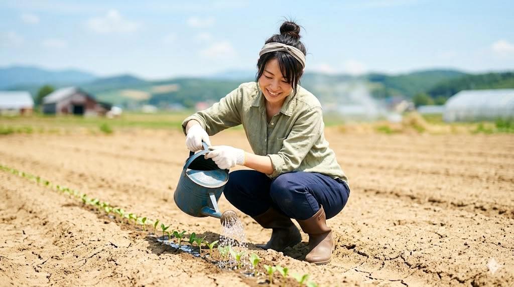 補植した枝豆苗が畑でしおれ、活着不良の原因を確認している様子