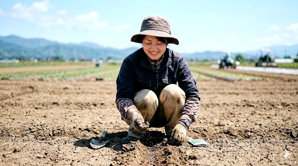 無農薬栽培のための堆肥を混ぜ込む土作り作業風景