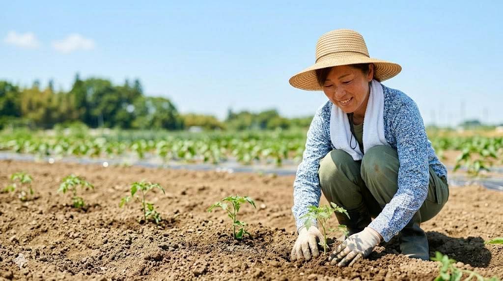 ラッカセイ栽培前に土を耕して害虫対策を行う畑