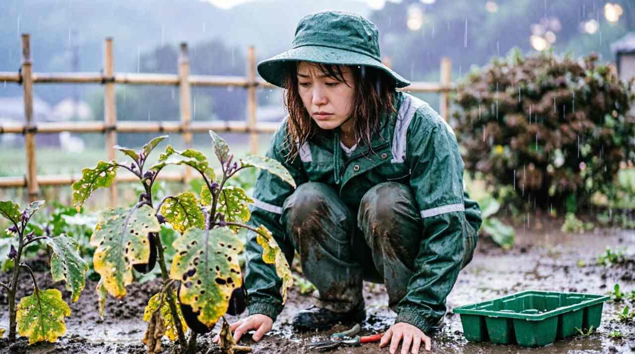 キュウリの葉に白い粉状の斑点が現れているクローズアップ写真