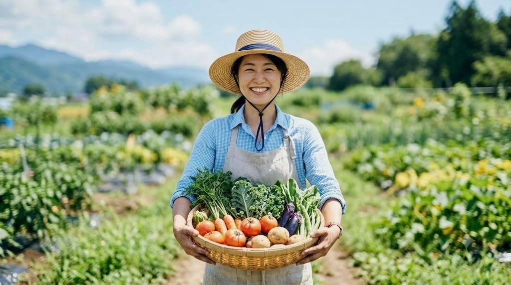 元気に実をつけたミニトマトの株と、収穫された赤いミニトマトの籠