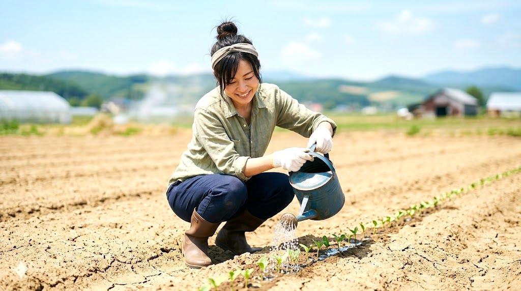 発芽直後の小さな双葉と本葉が広がった苗を並べたプランター