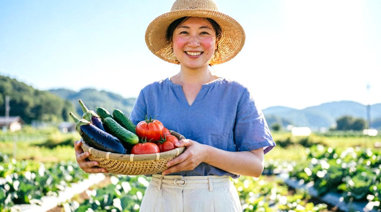 パセリの本葉の先端を指で摘み取る摘心作業と、収穫した青い葉の束