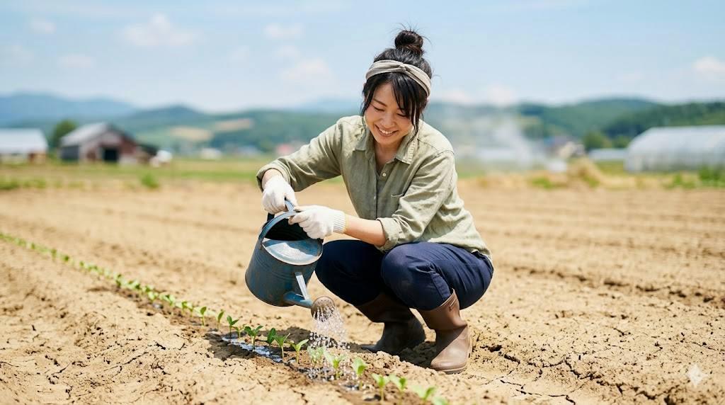 日照不足と混み合った株間が見える春菊の苗床の様子