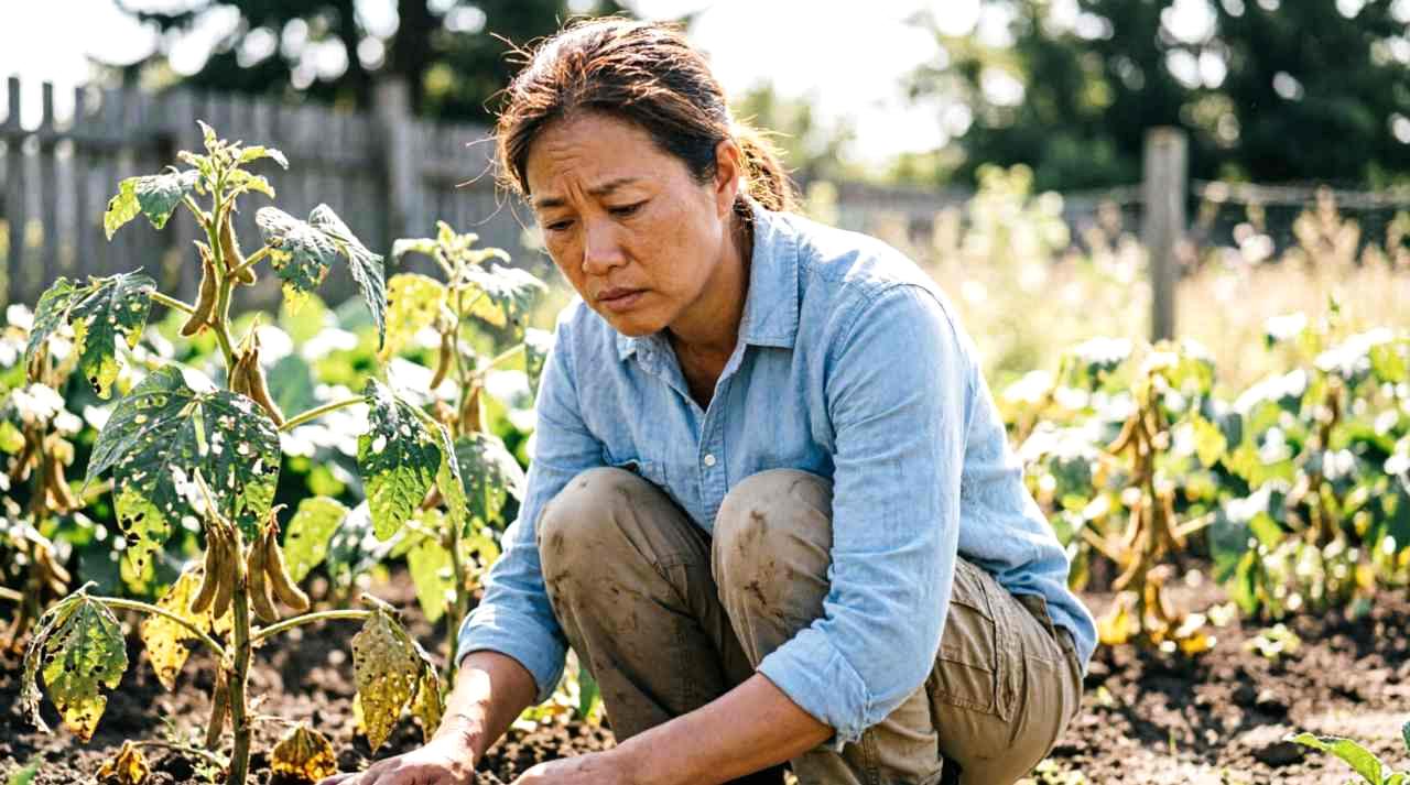 トウモロコシにつく害虫を確認している畑の様子