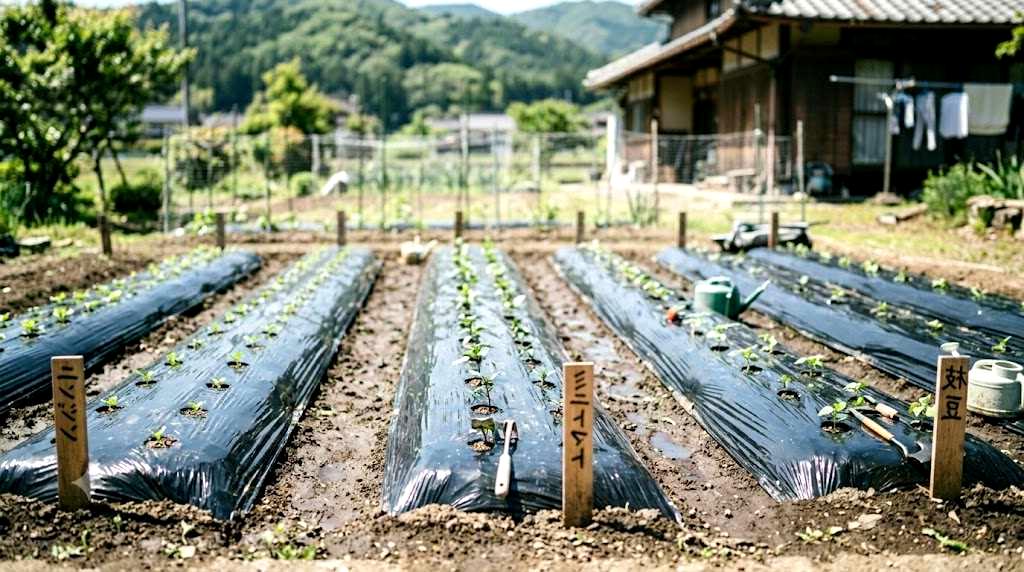 マルチや防寒資材で守られたオクラ畝