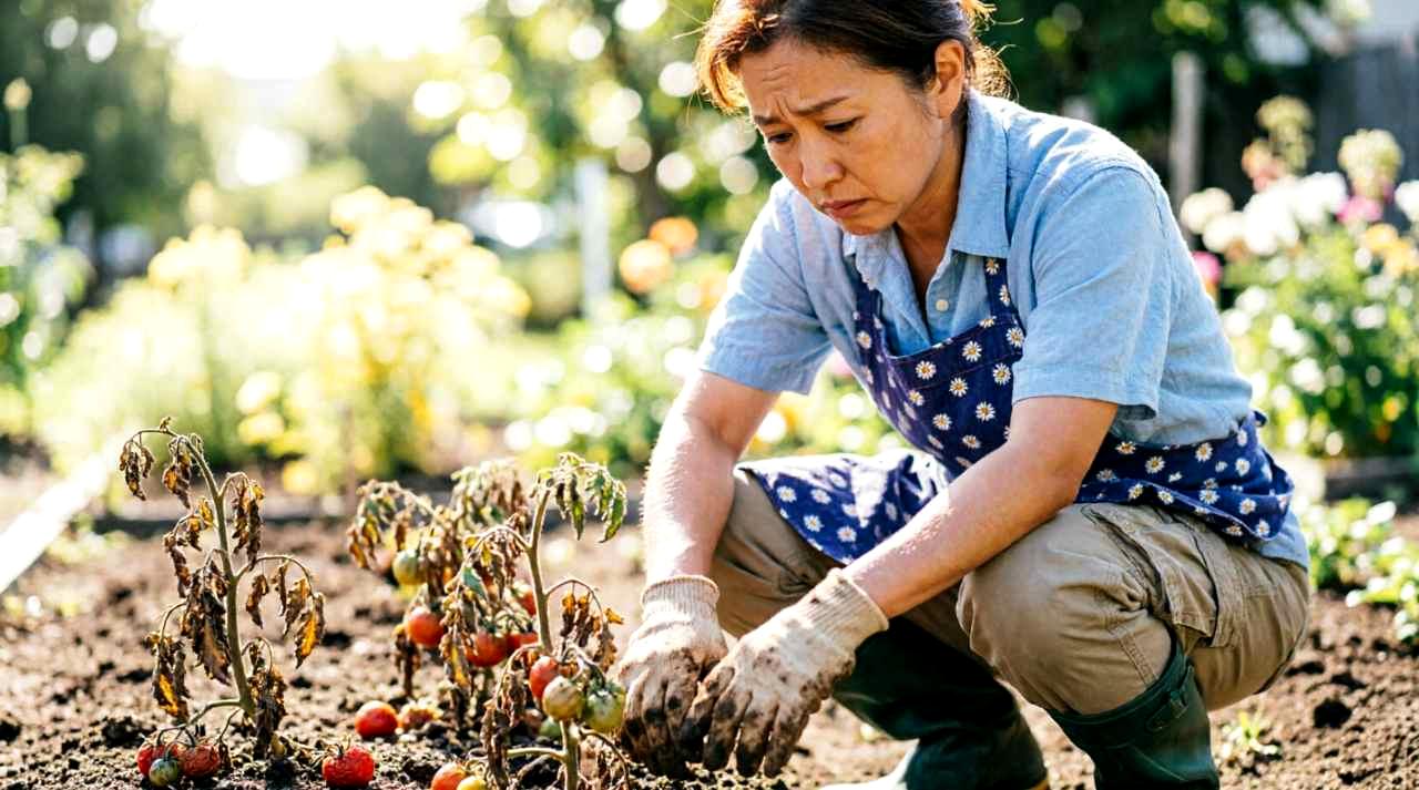 間引きの失敗で一部のオクラ苗が弱って落ち込んだ印象の畝と改善作業の様子