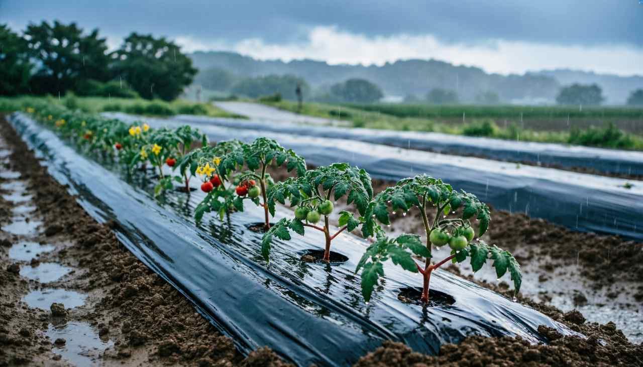 新聞紙マルチを敷いたパセリ畑の管理風景