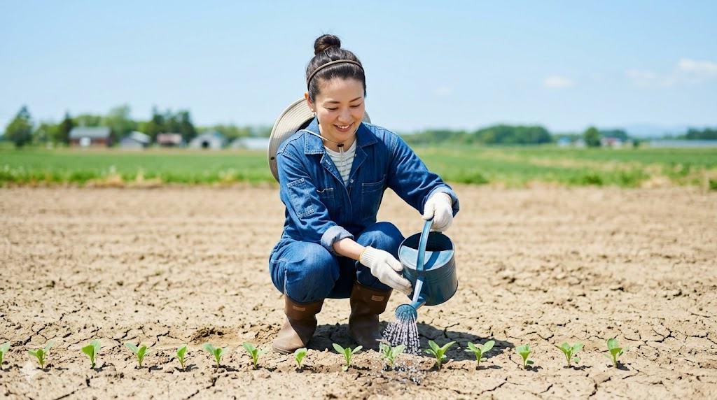 プランターで育てた春菊の苗の徒長対策を確認するベランダ菜園の様子