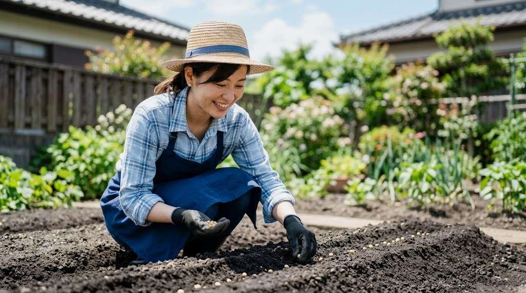 緑の葉を茂らせたマメ科の野菜が支柱に絡まる様子