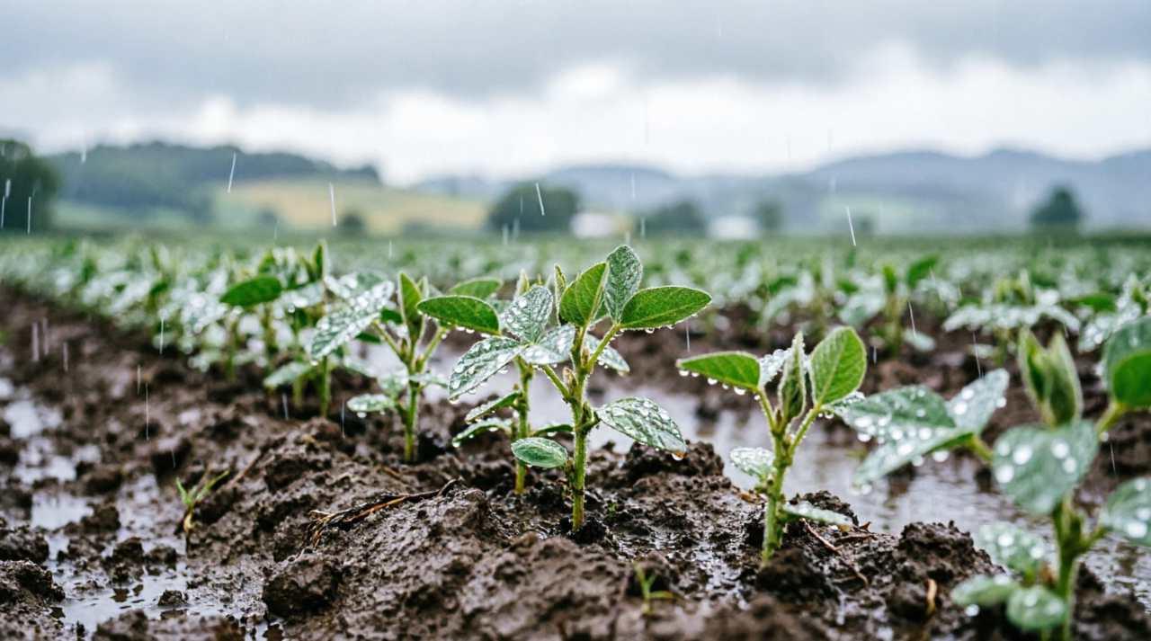 高畝に整形されたえんどう豆の畝に雨水が静かに浸透していく様子
