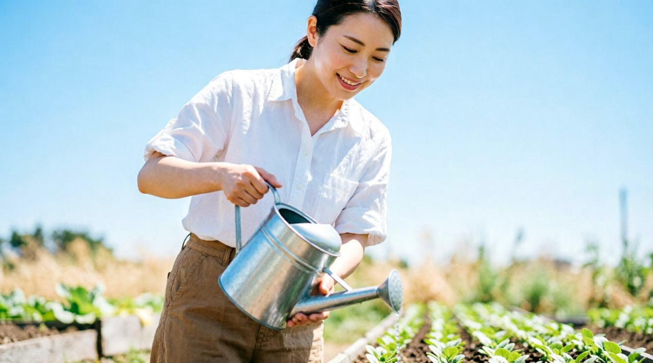 日当たりの良い場所で株間を整えながら春菊の苗を健全に育てる家庭菜園のイメージ