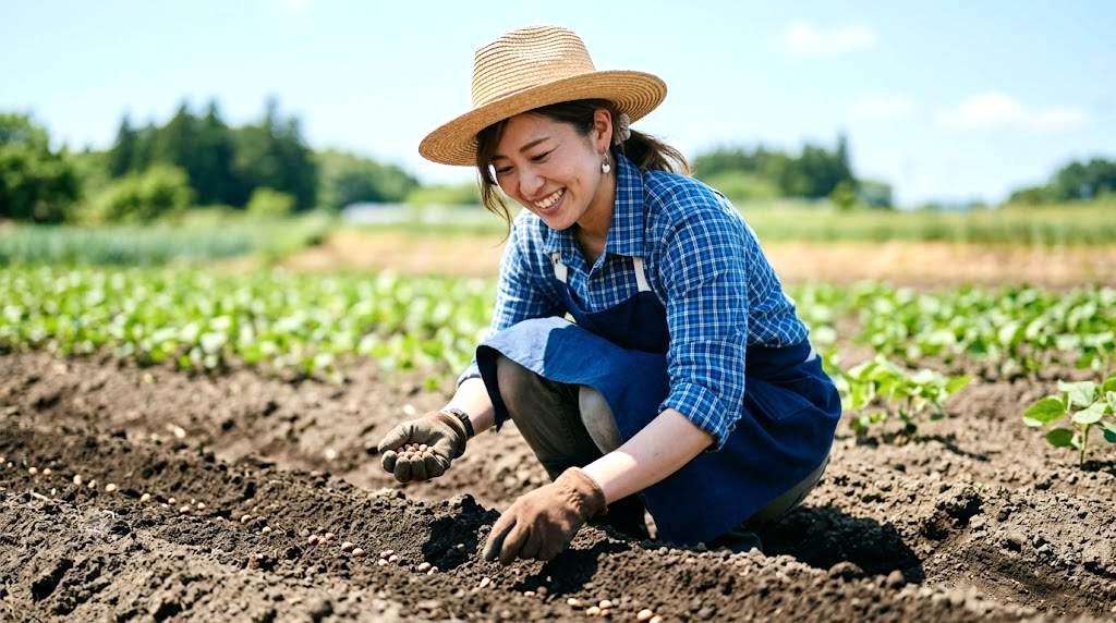 京都の家庭菜園で秋まきされたサヤエンドウの苗が並ぶ畝と春の大収穫を想像させる陽光