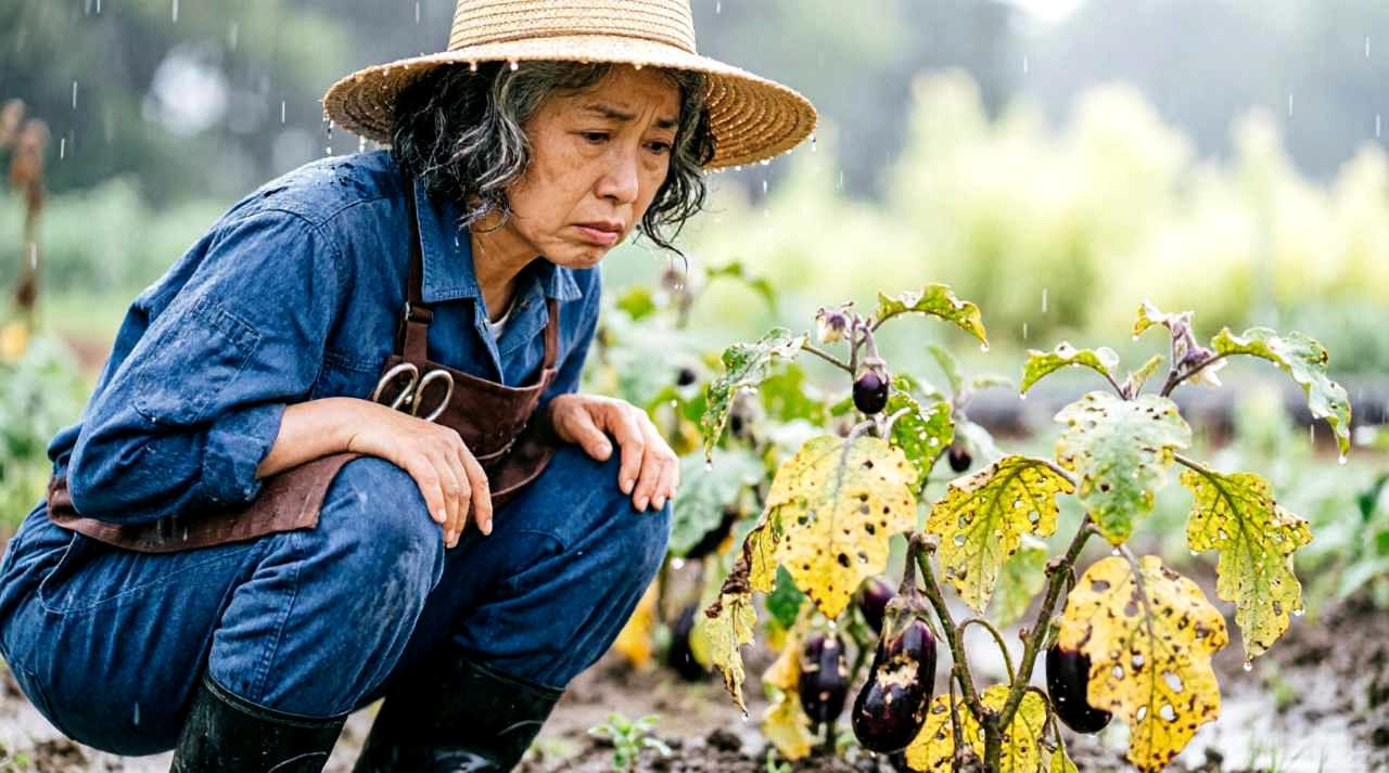 春の畑でつるありインゲン周りの害虫と雑草を確認しながら管理する様子