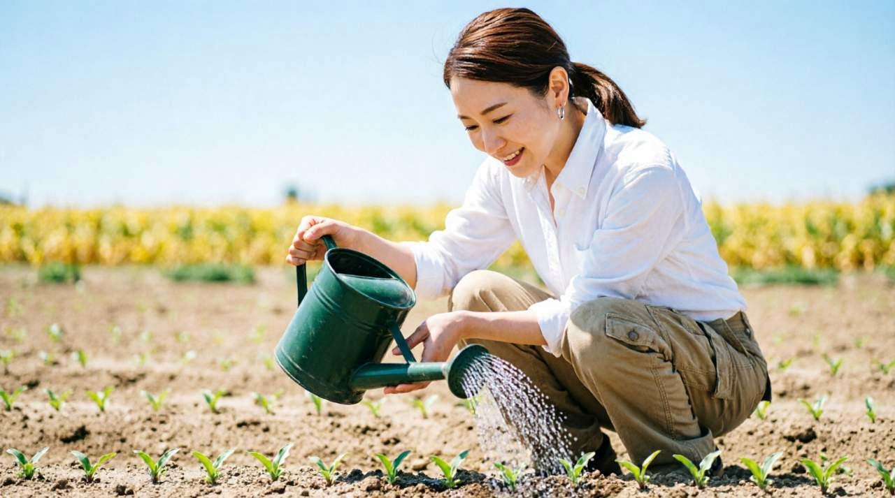オクラの葉の色や厚み、草丈を観察している農家の手元の写真
