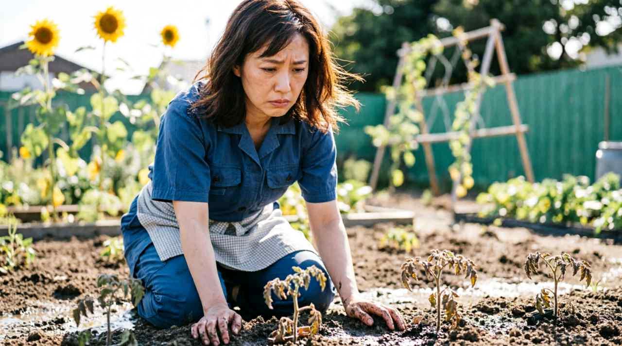 家庭菜園で害虫対策を行い健康な野菜を育てる様子