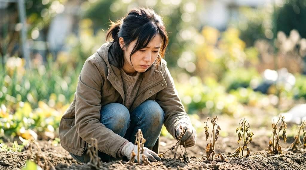 農家が朝の菜園で害虫の食痕やふんを観察している様子