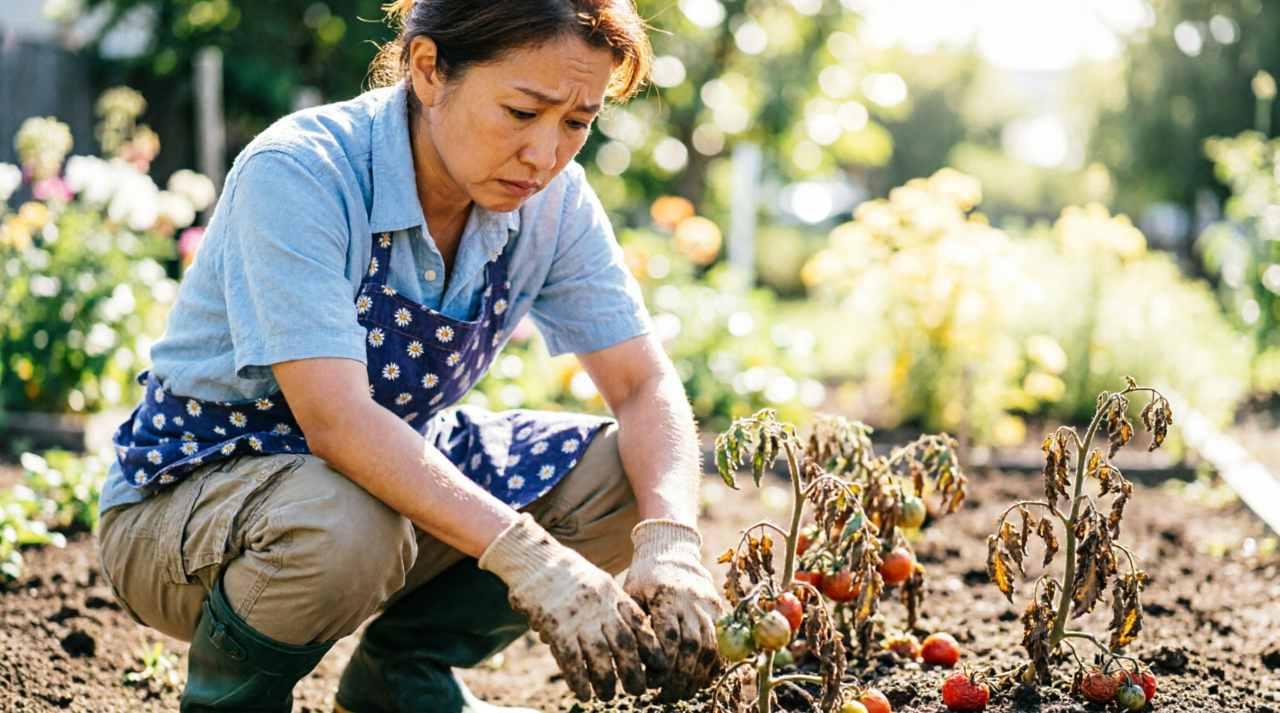 傷んだ絹さやの株と健康な株の比較イメージ