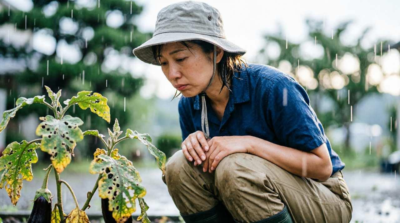 雨が続く時期のミニトマトの葉や茎の状態を確認する様子