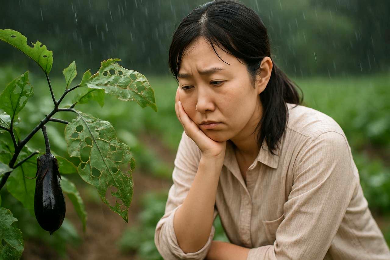 雨で泥が跳ねないようマルチングされたアスパラガスの畝と、元気に生長する茎のアップ写真