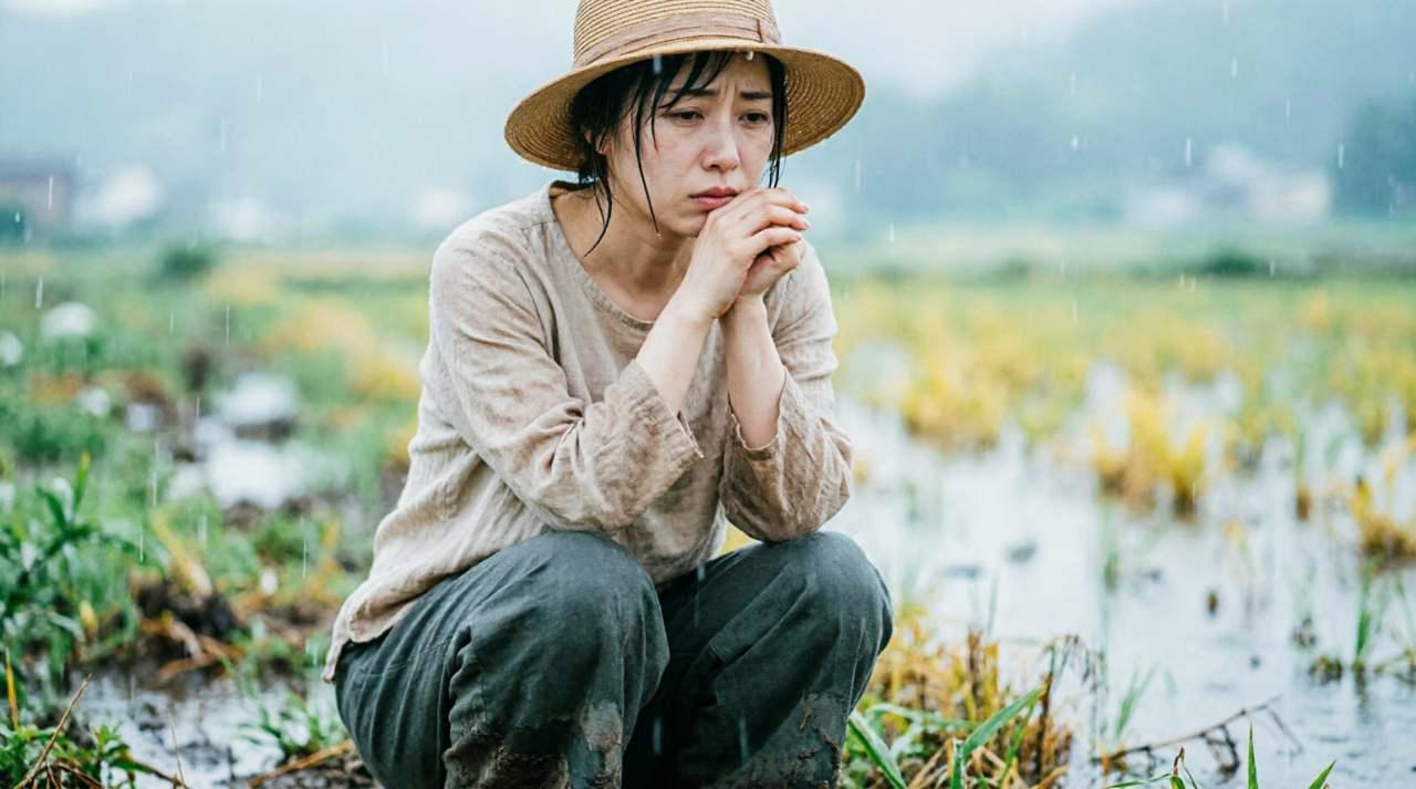 梅雨の庭で咲いたシシトウの花が地面に落ちているクローズアップ写真
