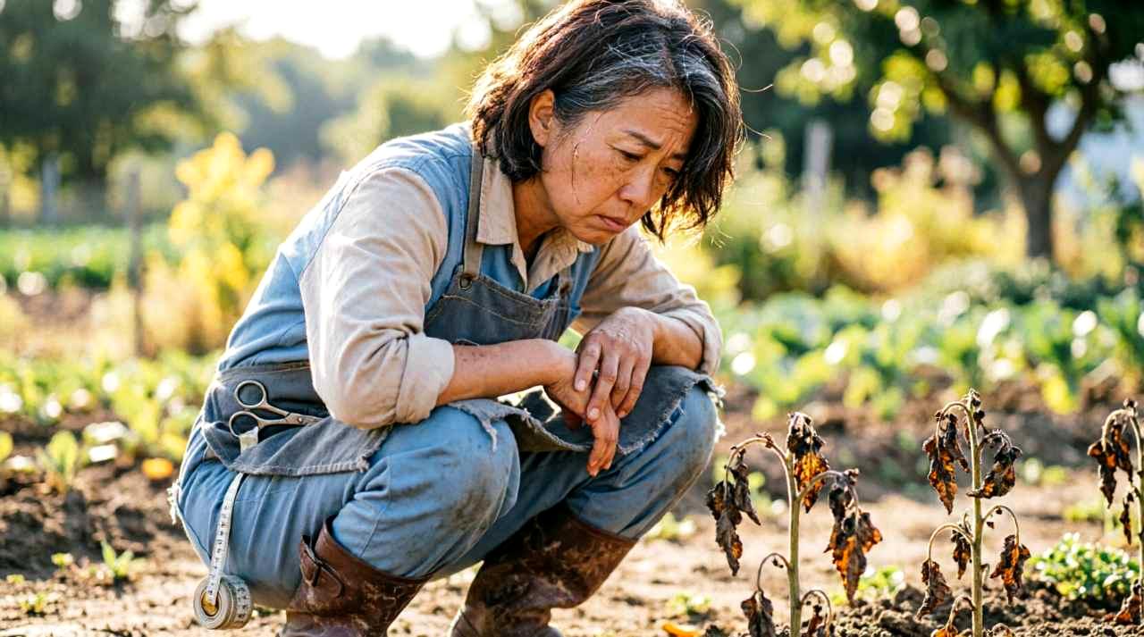 葉を確認しながらナスの害虫対策をする様子