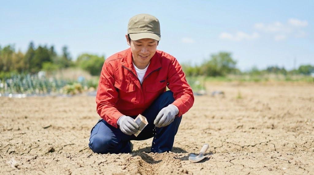 北海道の初夏の庭で寒さに強い花を植える準備をしている様子