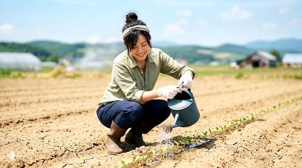 定植後のつるありインゲンに適量の水を与えながら活着を促す家庭菜園の様子