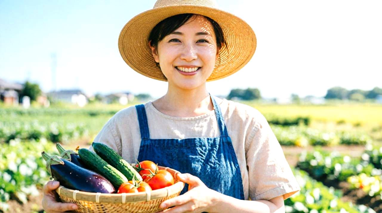 泥はね予防と下葉管理が行き届き実が大きく育ったヘチマの収穫風景