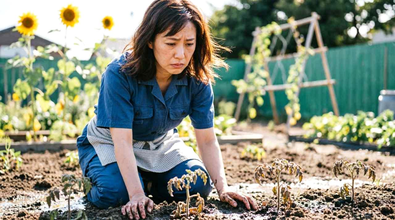 早朝の家庭菜園で、しゃがみ込みながらウリ科の葉を点検する手元の様子