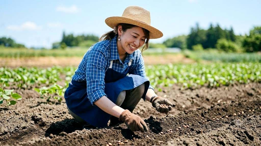 直播きに向けた土作りと畝立ての準備をしている畑の風景
